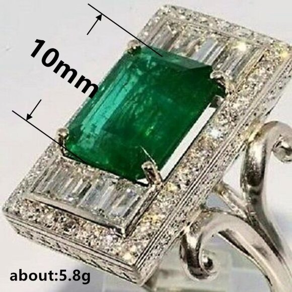 🎀Vintage Luxury Emerald Crystal 925 Silver Plating GemstoneEngagement,UNVN12505 - Picture 2 of 6